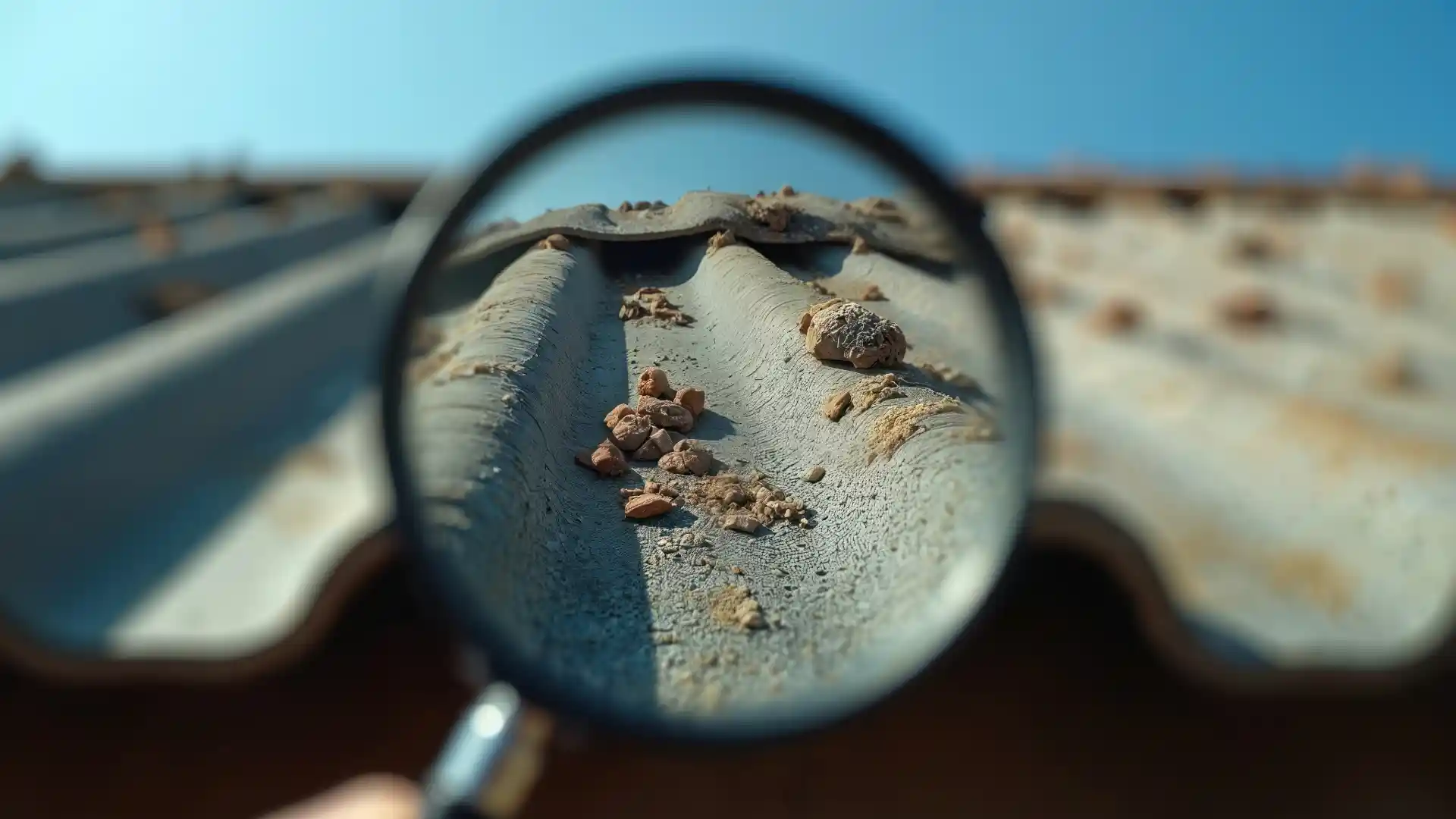 Magnifying glass inspecting an asbestos cement roof for damage in Sacramento, CA