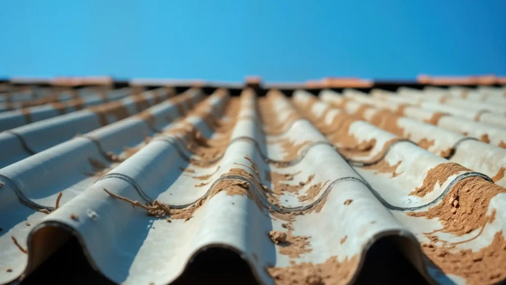 Weathered asbestos cement roof tiles under a blue sky awaiting removal in Sacramento, CA